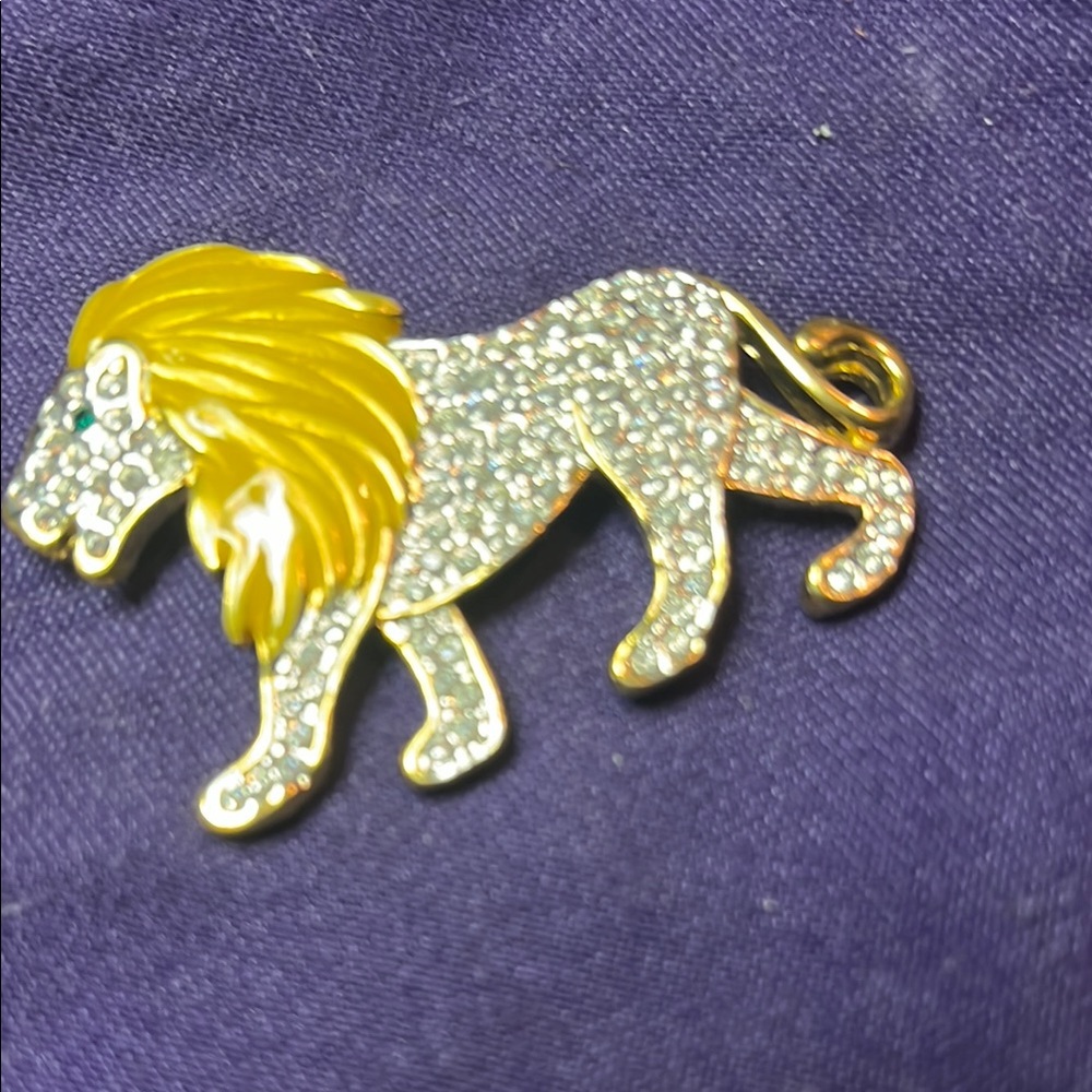 Stylized Gold and Silver Lion Brooch with Sparkling Stones